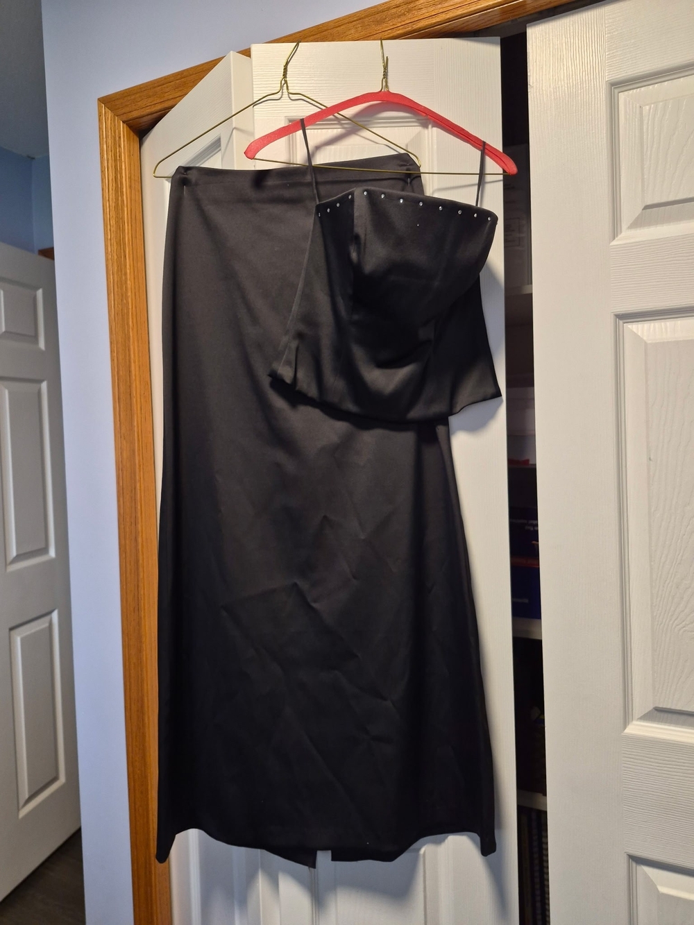 Le Chateau Black Strapless Satin Bustier with Stud Detail and Maxi Skirt